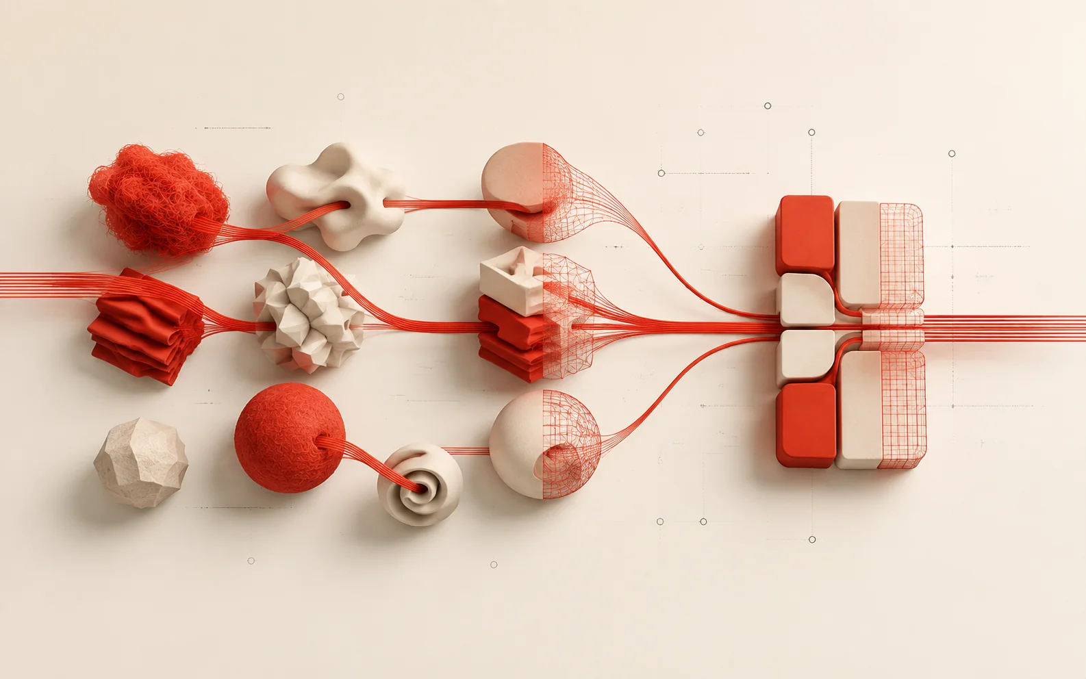 Distinct sculptural modules connected into one organised system by red signal lines