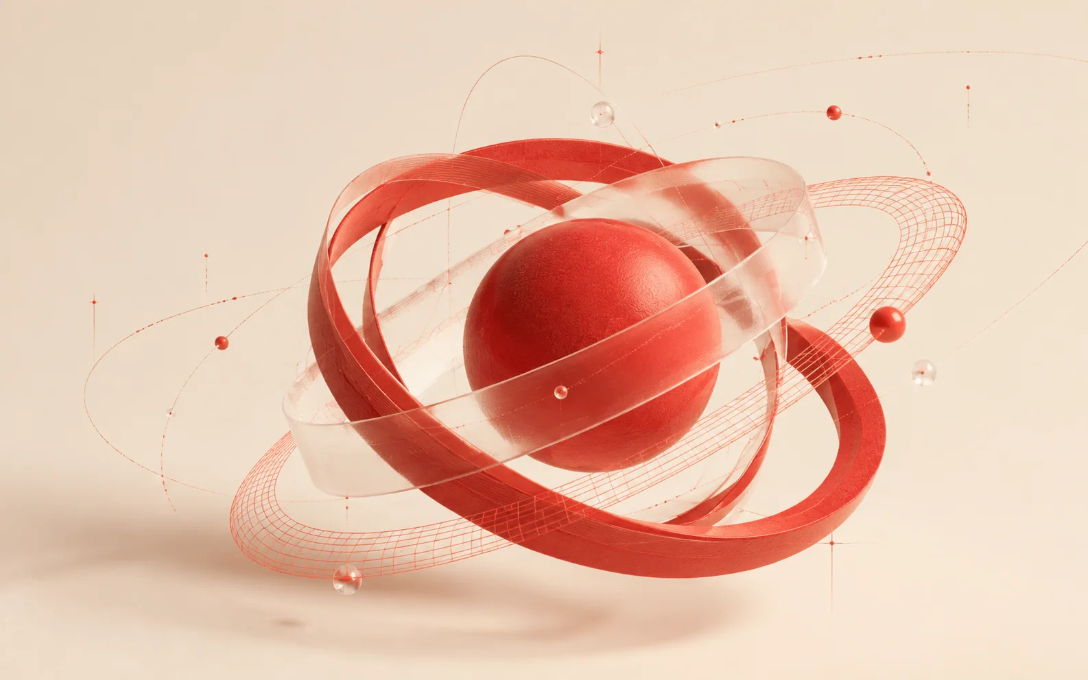 A red sculptural core surrounded by translucent and wireframe orbital paths