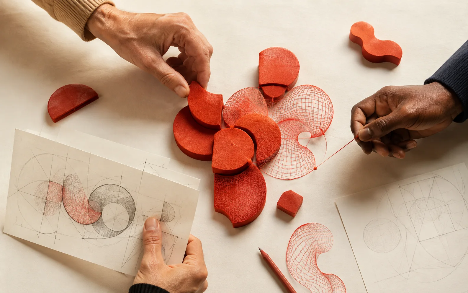 Three people collaboratively assembling a tactile red and wireframe design system